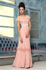 Beautiful Bateau Cap Sleeves Floor Length Lace and Hand Made Flower Pink Chiffon