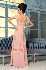 Beautiful Bateau Cap Sleeves Floor Length Lace and Hand Made Flower Pink Chiffon