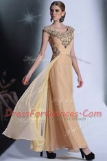 Scoop Floor Length Empire Cap Sleeves Peach Prom Gown Side Zipper