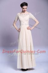 Champagne Chiffon Zipper Bateau Sleeveless Floor Length Prom Dress Beading and Appliques and Ruching