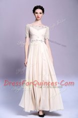 Champagne Chiffon Zipper Bateau Sleeveless Floor Length Prom Dress Beading and Appliques and Ruching