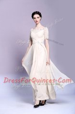 Champagne Chiffon Zipper Bateau Sleeveless Floor Length Prom Dress Beading and Appliques and Ruching