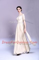 Champagne Chiffon Zipper Bateau Sleeveless Floor Length Prom Dress Beading and Appliques and Ruching