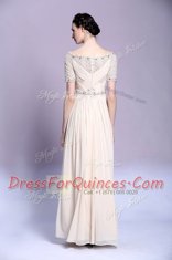 Champagne Chiffon Zipper Bateau Sleeveless Floor Length Prom Dress Beading and Appliques and Ruching