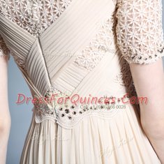 Champagne Chiffon Zipper Bateau Sleeveless Floor Length Prom Dress Beading and Appliques and Ruching