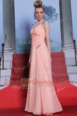 Peach Empire Chiffon Halter Top Sleeveless Beading and Sashes ribbons Floor Length Zipper Homecoming Dress