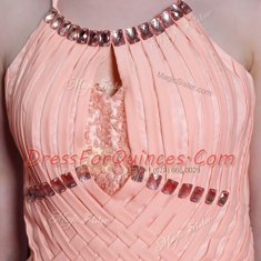 Peach Empire Chiffon Halter Top Sleeveless Beading and Sashes ribbons Floor Length Zipper Homecoming Dress