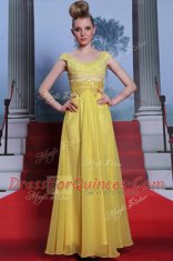 Yellow Chiffon Side Zipper Scalloped Short Sleeves Floor Length Prom Party Dress Beading and Appliques and Pleated