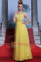 Yellow Chiffon Side Zipper Scalloped Short Sleeves Floor Length Prom Party Dress Beading and Appliques and Pleated