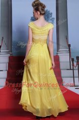Yellow Chiffon Side Zipper Scalloped Short Sleeves Floor Length Prom Party Dress Beading and Appliques and Pleated