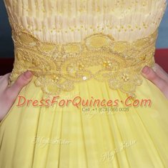 Yellow Chiffon Side Zipper Scalloped Short Sleeves Floor Length Prom Party Dress Beading and Appliques and Pleated