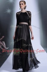 Empire Homecoming Dress Black Scoop Chiffon Half Sleeves Floor Length Zipper