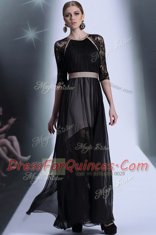 Empire Homecoming Dress Black Scoop Chiffon Half Sleeves Floor Length Zipper