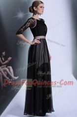 Empire Homecoming Dress Black Scoop Chiffon Half Sleeves Floor Length Zipper