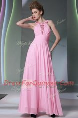 Captivating Rose Pink Chiffon Side Zipper Halter Top Sleeveless Floor Length Prom Evening Gown Beading