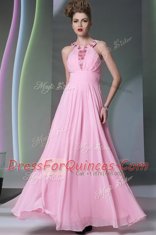 Captivating Rose Pink Chiffon Side Zipper Halter Top Sleeveless Floor Length Prom Evening Gown Beading