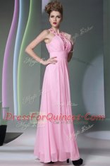 Captivating Rose Pink Chiffon Side Zipper Halter Top Sleeveless Floor Length Prom Evening Gown Beading