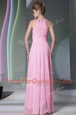 Captivating Rose Pink Chiffon Side Zipper Halter Top Sleeveless Floor Length Prom Evening Gown Beading