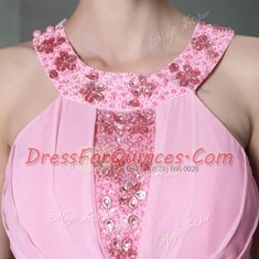 Captivating Rose Pink Chiffon Side Zipper Halter Top Sleeveless Floor Length Prom Evening Gown Beading