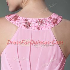 Captivating Rose Pink Chiffon Side Zipper Halter Top Sleeveless Floor Length Prom Evening Gown Beading