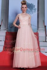 Baby Pink Column/Sheath Chiffon Scoop Sleeveless Lace Floor Length Side Zipper Homecoming Dress