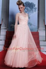 Baby Pink Column/Sheath Chiffon Scoop Sleeveless Lace Floor Length Side Zipper Homecoming Dress