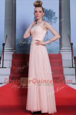 Baby Pink Column/Sheath Chiffon Scoop Sleeveless Lace Floor Length Side Zipper Homecoming Dress