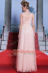 Baby Pink Column/Sheath Chiffon Scoop Sleeveless Lace Floor Length Side Zipper Homecoming Dress