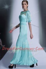 Excellent Aqua Blue Bateau Zipper Sequins and Pleated Dress for Prom Half Sleeves