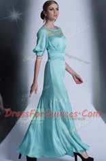 Excellent Aqua Blue Bateau Zipper Sequins and Pleated Dress for Prom Half Sleeves