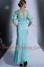 Excellent Aqua Blue Bateau Zipper Sequins and Pleated Dress for Prom Half Sleeves