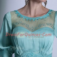 Excellent Aqua Blue Bateau Zipper Sequins and Pleated Dress for Prom Half Sleeves