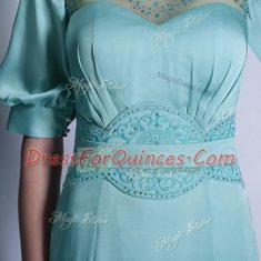 Excellent Aqua Blue Bateau Zipper Sequins and Pleated Dress for Prom Half Sleeves