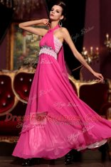 Sumptuous Halter Top Hot Pink Zipper Prom Party Dress Beading and Lace Sleeveless Floor Length