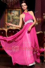 Sumptuous Halter Top Hot Pink Zipper Prom Party Dress Beading and Lace Sleeveless Floor Length