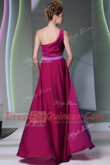 Fitting One Shoulder Sleeveless Side Zipper Prom Evening Gown Burgundy Chiffon