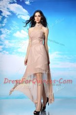 Peach Homecoming Dress Prom and Party and For with Ruching High-neck Sleeveless Side Zipper