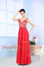 Straps Sleeveless Homecoming Dress Floor Length Lace Coral Red Chiffon