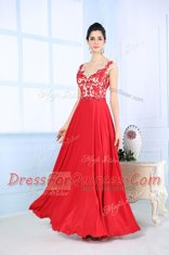 Straps Sleeveless Homecoming Dress Floor Length Lace Coral Red Chiffon