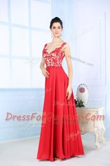 Straps Sleeveless Homecoming Dress Floor Length Lace Coral Red Chiffon
