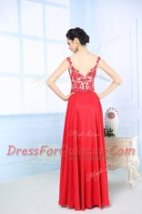 Straps Sleeveless Homecoming Dress Floor Length Lace Coral Red Chiffon