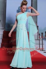 One Shoulder Sleeveless Prom Dresses Floor Length Lace and Ruching Turquoise Chiffon