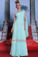 One Shoulder Sleeveless Prom Dresses Floor Length Lace and Ruching Turquoise Chiffon