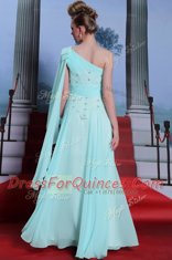 One Shoulder Sleeveless Prom Dresses Floor Length Lace and Ruching Turquoise Chiffon