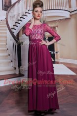 3 4 Length Sleeve Floor Length Lace and Sequins Zipper Prom Dresses with Fuchsia