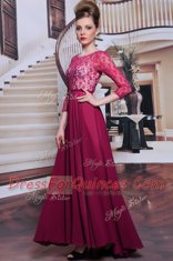 3 4 Length Sleeve Floor Length Lace and Sequins Zipper Prom Dresses with Fuchsia