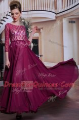 3 4 Length Sleeve Floor Length Lace and Sequins Zipper Prom Dresses with Fuchsia
