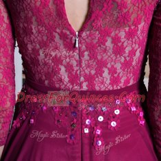 3 4 Length Sleeve Floor Length Lace and Sequins Zipper Prom Dresses with Fuchsia