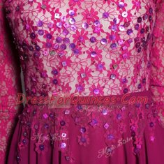 3 4 Length Sleeve Floor Length Lace and Sequins Zipper Prom Dresses with Fuchsia