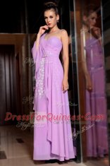 Unique Half Sleeves Chiffon Ankle Length Side Zipper Prom Dresses in Lilac with Beading and Ruching